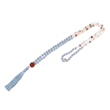 Handmade AThroat Chakra Mala – Angelite, Quartz, Agate & Rudraksha Mala necklace looped on table
